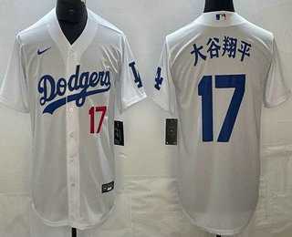 Mens Los Angeles Dodgers #17 Shohei Ohtani White Japanese Name Player Number Cool Base Jersey